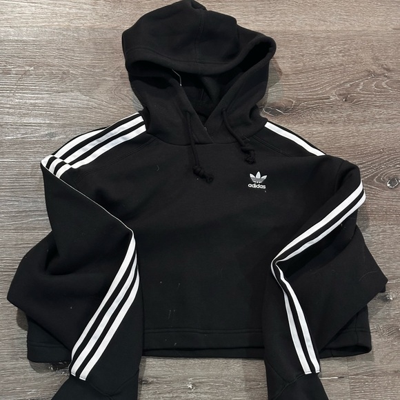 Adidas cropped Black Hoodie 3 White Stripes - Picture 1 of 3